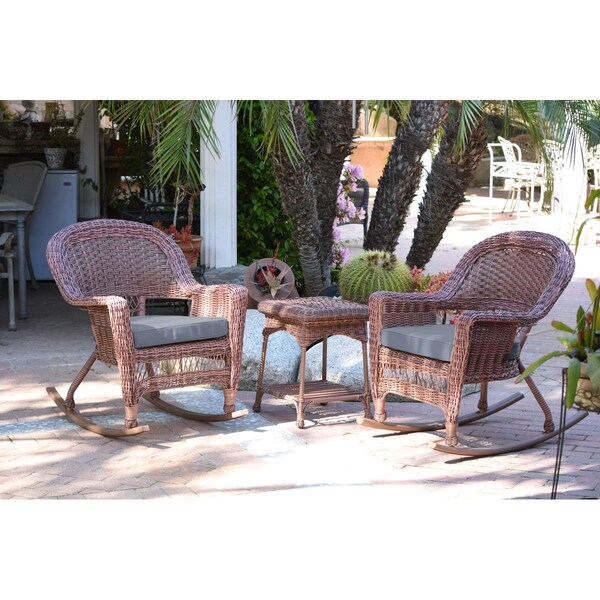 Propation W00205R-C-2-RCES033 Honey Rocker Wicker Chair Set with Steel Blue Cushion - 3 Piece PR2442193 - main